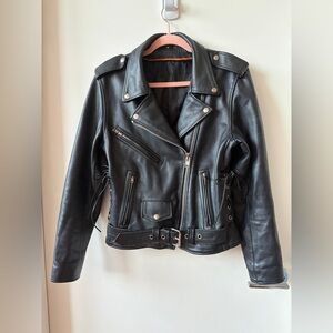 Classic Black Genuine Leather Moto Jacket - Women